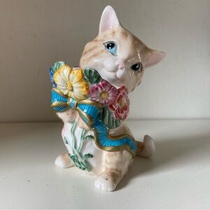 Fitz & Floyd Ceramic Cat Figurine Vase with Floral Accents 1990s